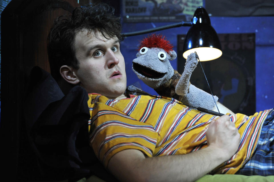 Harry Melling as Jason in Robert Askins Hand to God directed by Moritz von Stuelpnagel at Vaudville Theatr in London. (Photo by robbie jack/Corbis via Getty Images)