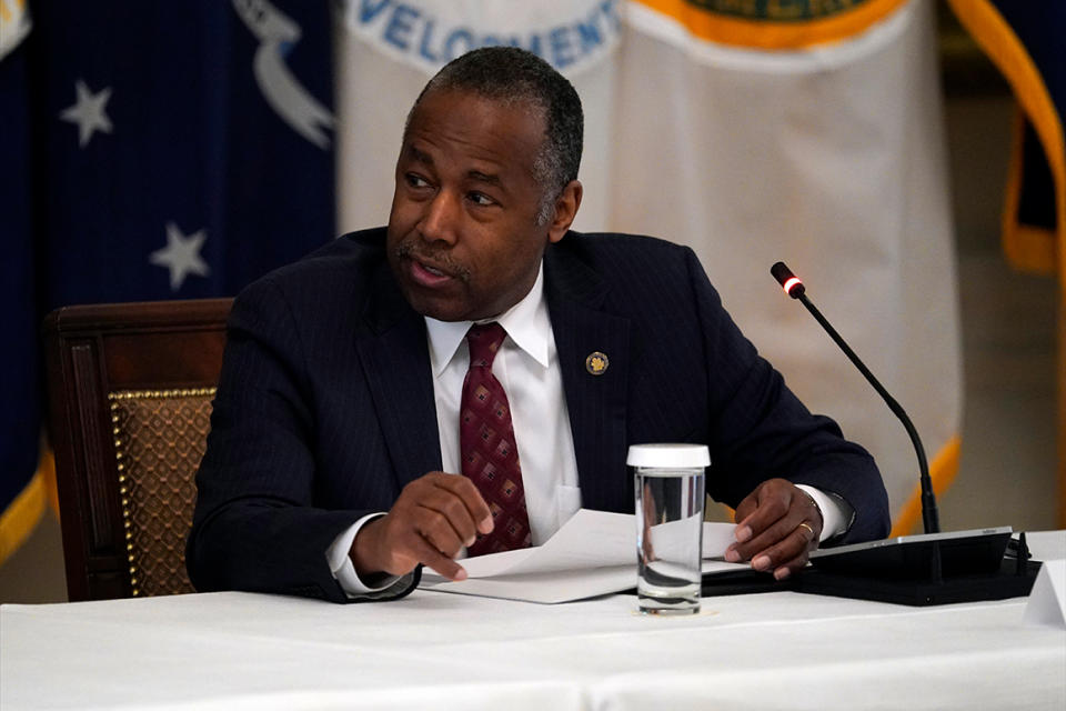 Housing and Urban Development Secretary Ben Carson speaks during a Cabinet Meeting in the East Room of the White House, Tuesday, May 19, 2020, in Washington. (AP Photo/Evan Vucci)