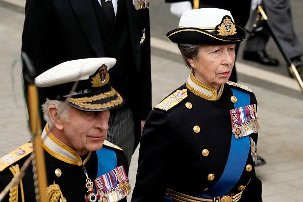 LONDON, ENGLAND - SEPTEMBER 19: King Charles III and Anne, Princess Royal at Westminster Abbey for The State Funeral of Queen Elizabeth II on September 19, 2022 in London, England. Elizabeth Alexandra Mary Windsor was born in Bruton Street, Mayfair, London on 21 April 1926. She married Prince Philip in 1947 and ascended the throne of the United Kingdom and Commonwealth on 6 February 1952 after the death of her Father, King George VI. Queen Elizabeth II died at Balmoral Castle in Scotland on September 8, 2022, and is succeeded by her eldest son, King Charles III.  (Photo by Christopher Furlong/Getty Images)