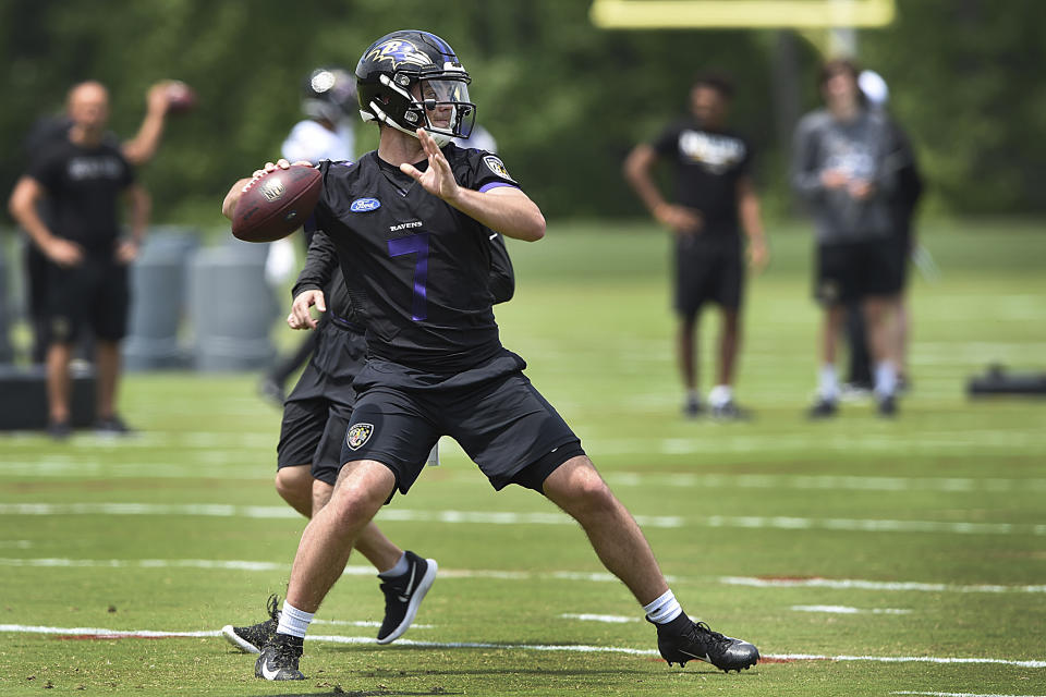 Baltimore Ravens quarterback Trace McSorley throws a pass during NFL football practice, Thursday, May 23, 2019, in Owings Mills, Md. (AP Photo/Gail Burton)