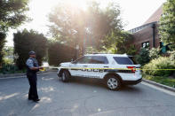 <p>An Alexandria, Va. police officer tapes off an area near the YMCA after a shooting in Alexandria, Va. Wednesday, June 14, 2017. House Majority Whip Steve Scalise of La. was shot at a Congressional baseball practice. (Photo: Alex Brandon/AP) </p>