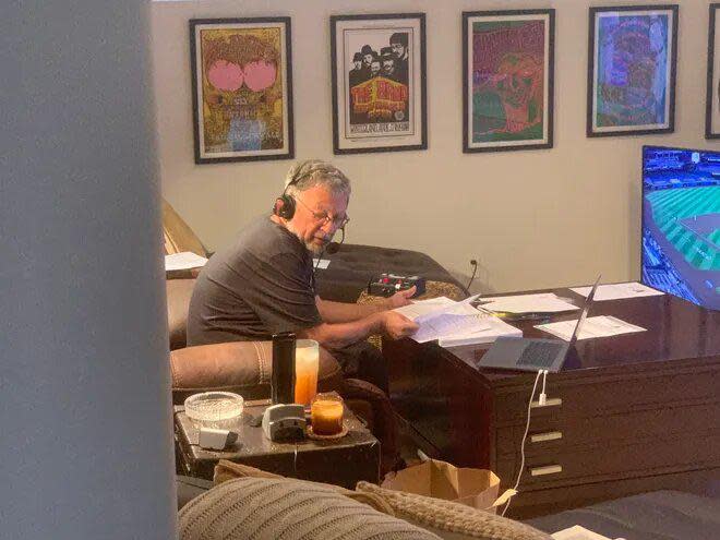 Charley Steiner broadcasts a Los Angeles Dodgers game from his living room.