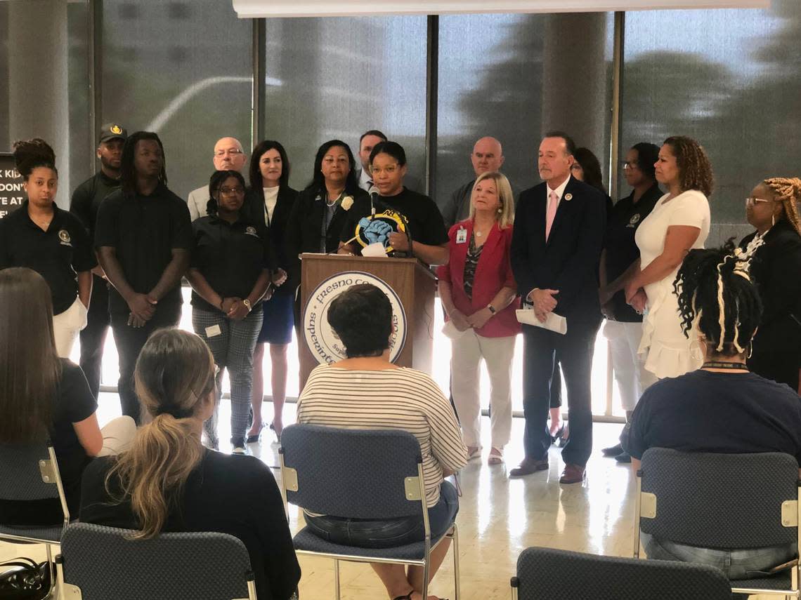 Margaret Fortune, president of Fortune School of Education, speaks on Thursday, July 28, 2022 as she’s surrounded by Fresno students, superintendents and school board members who out the governor to support legislation that would provide ongoing funding to the state’s lowest performers: Black students.