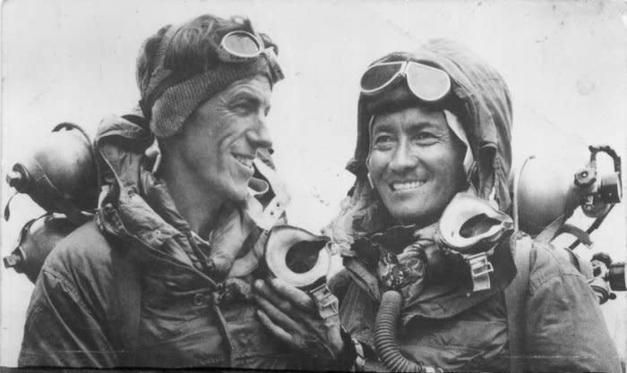 Edmund Hillary (L) and Tenzing Norgay are pictured May 29, 1953, after becoming the first humans to summit the peak of Mount Everest in Nepal. File Photo by Jamling Tenzing Norgay/Wikimedia
