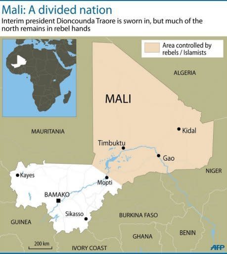 Map of Mali showing the northern half of the country controlled by Islamists and Tuareg rebels. Mali's embattled transitional government has rejected a rebel alliance's declaration of an Islamic state in the vast desert north, a move that has plunged the nation closer to breakup two months after a coup