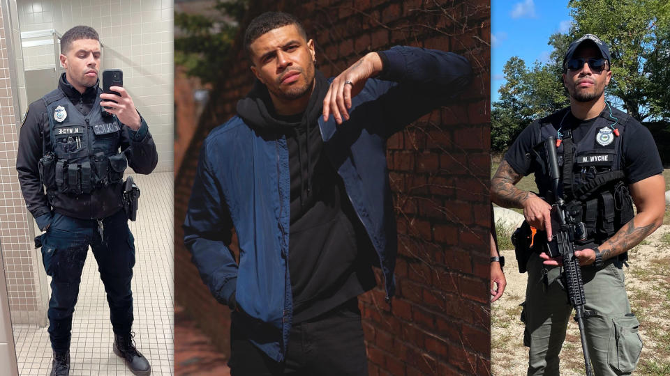 Wyche in three images, pictured in uniform taking a selfie in a tiled bathroom, posing in mufti, and again in uniform, with his hand on the trigger of his firearm.