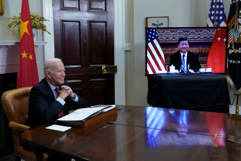 President Joe Biden meets virtually with Chinese President Xi Jinping on Nov. 15, 2021.