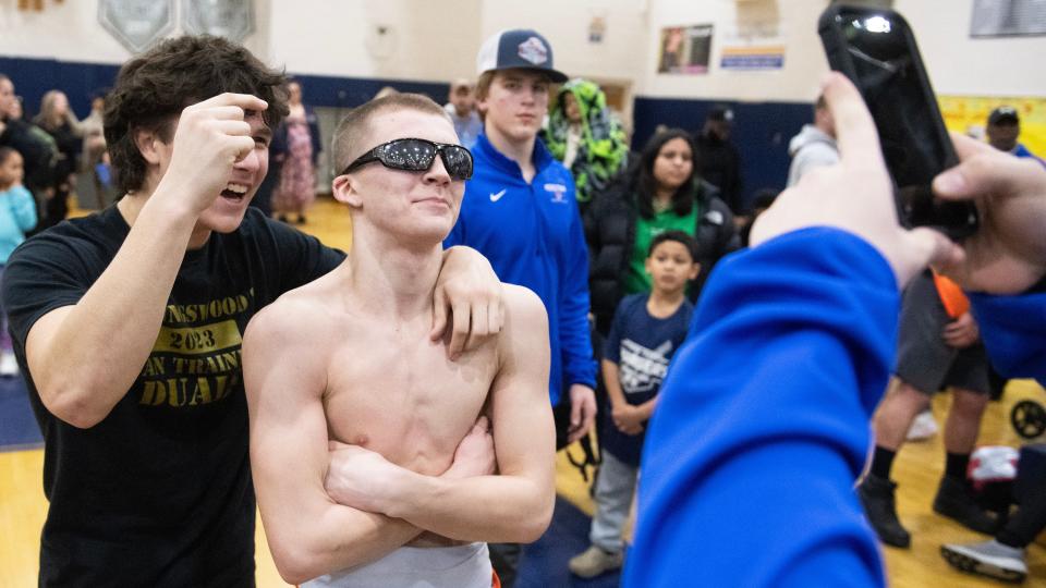 Woodstown's Travis Balback sports his "6 point glasses" after Balback pinned Timber Creek's Matthew Steele during the 120 lb. bout of the wrestling meet held at Timber Creek High School on Friday, February 2, 2024.