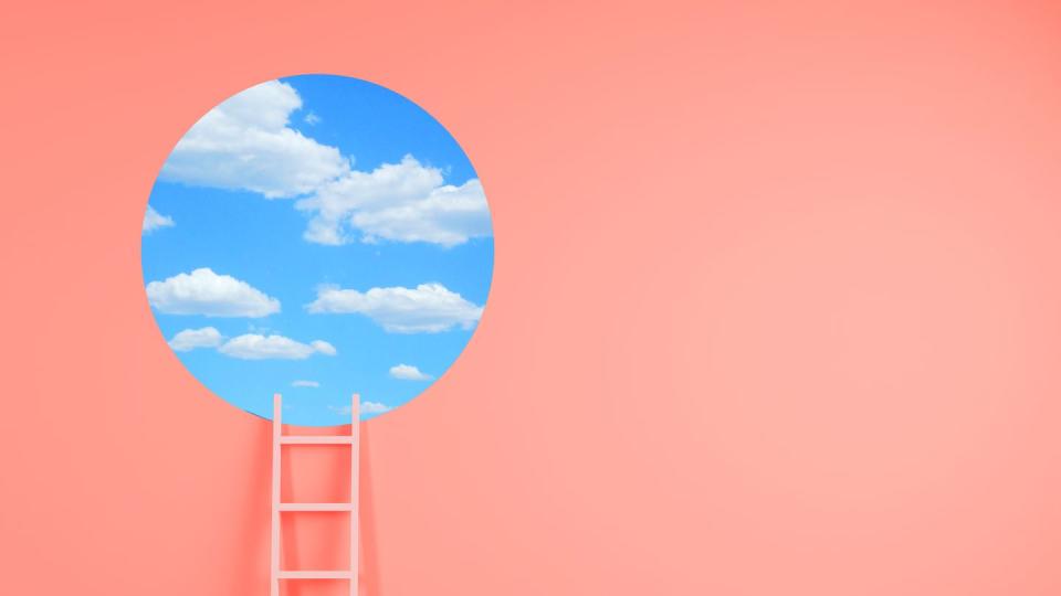 a ladder leading up to a circle cut out of clouds