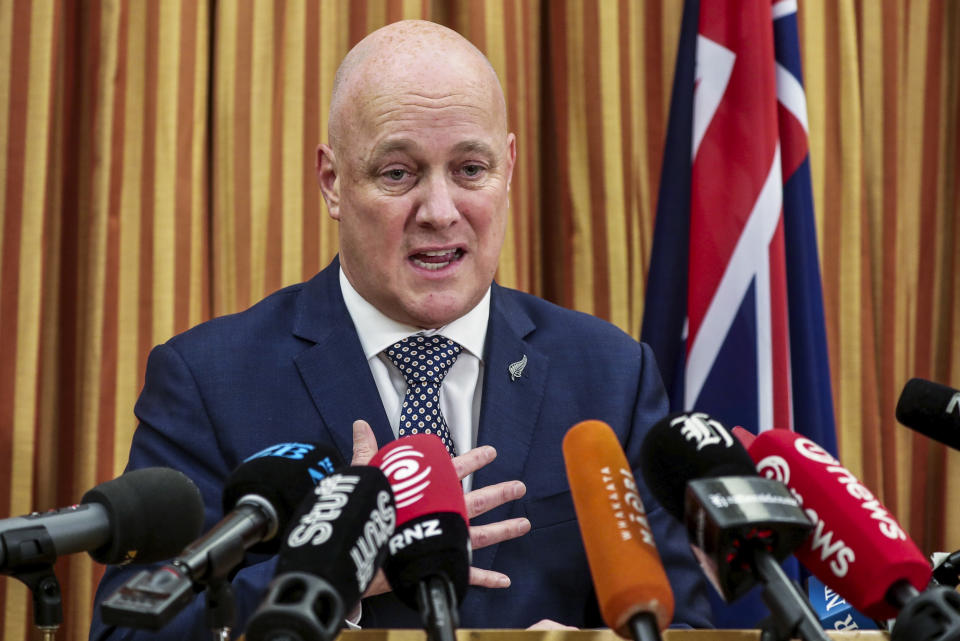 New Zealand's incoming Prime Minister Christopher Luxon addresses the media following the results of the special votes from the Oct. 14 general election, at Parliament in Wellington New Zealand, Friday, Nov. 3, 2023. (Mark Mitchell/NZ Herald via AP)