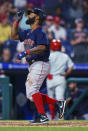 Boston Red Sox's Danny Santana celebrates his home run during the sixth inning of the team's baseball game against the Philadelphia Phillies, Saturday, May 22, 2021, in Philadelphia. The Red Sox won 4-3. (AP Photo/Chris Szagola)