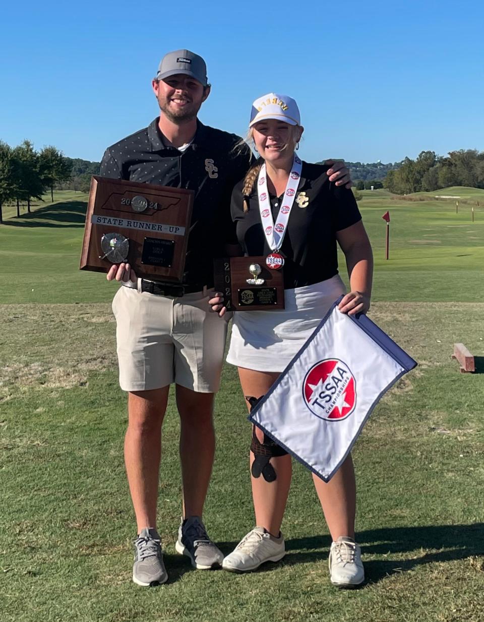 Stewart County's Shelby Smith, right, finished at 8-over 148 to win the Class A girls golf state title at Sevierville Golf Club on Tuesday, Oct. 8. 2024.