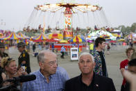 Former Vice President Mike Pence speaks to the media during a visit to the Iowa State Fair, Friday, Aug. 19, 2022, in Des Moines, Iowa. (AP Photo/Charlie Neibergall)