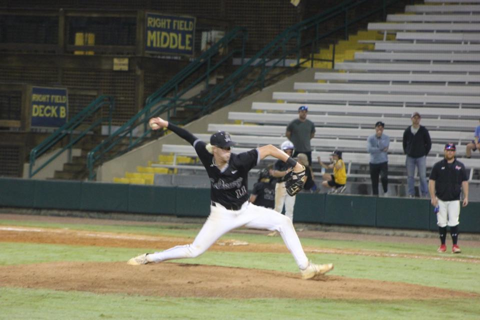 Calvary's Brian Lowry on the mound at Grayson Stadium in a playoff win over Morgan County on April 29, 2024.