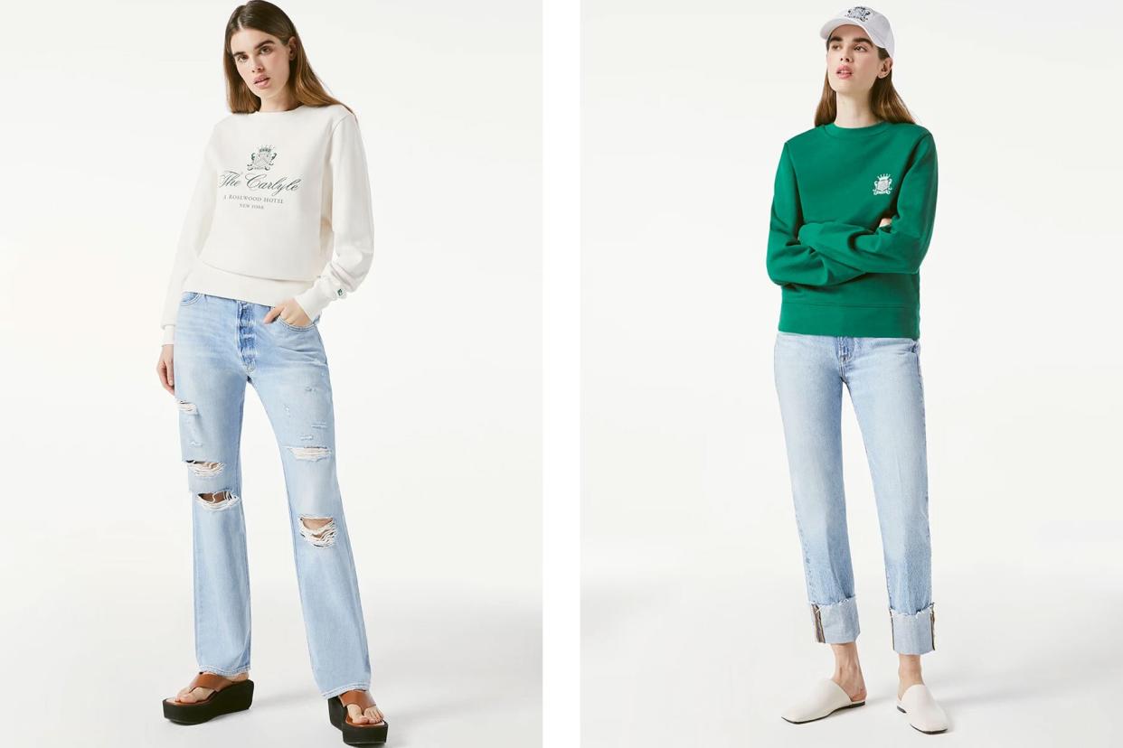 Women wearing off white and green crewneck sweatshirts and jeans