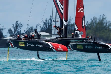 Sailing - America's Cup finals - Hamilton, Bermuda - June 26, 2017 - Peter Burling, Emirates Team New Zealand Helmsman leads Oracle Team USA in race nine of America's Cup finals. REUTERS/Mike Segar