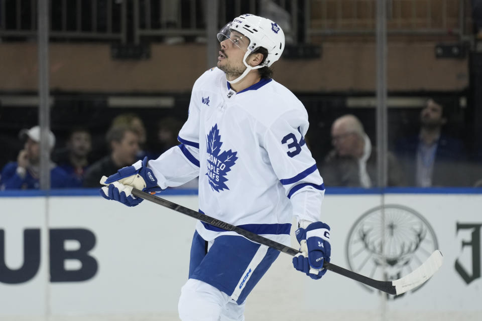 Toronto Maple Leafs' Auston Matthews looks up after scoring during the first period of an NHL hockey game against the New York Rangers, Tuesday, Dec. 12, 2023, in New York. (AP Photo/Seth Wenig)