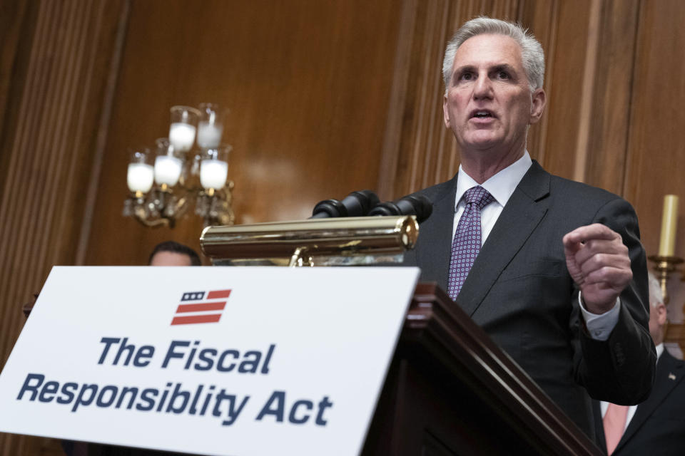 House Speaker Kevin McCarthy of Calif. along with other Republican members of the House, speaks at a news conference after the House passed the debt ceiling bill at the Capitol in Washington, Wednesday, May 31, 2023. The bill now goes to the Senate. (AP Photo/Jose Luis Magana)