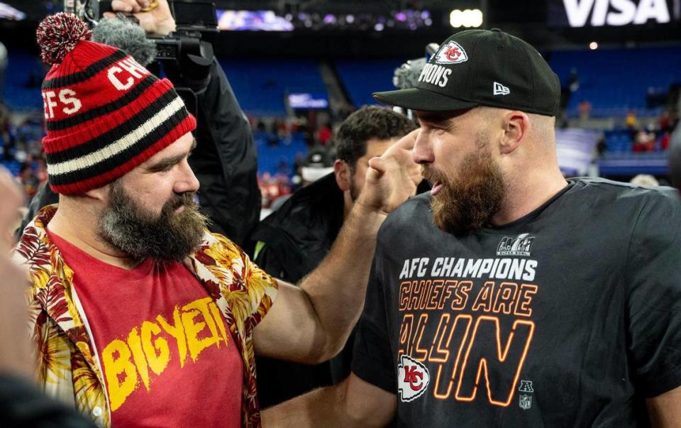 Kansas City Chiefs tight end Travis Kelce, right, celebrated with his brother, Jason, after the Chiefs beat the Baltimore Ravens in the AFC Championship Game in January.