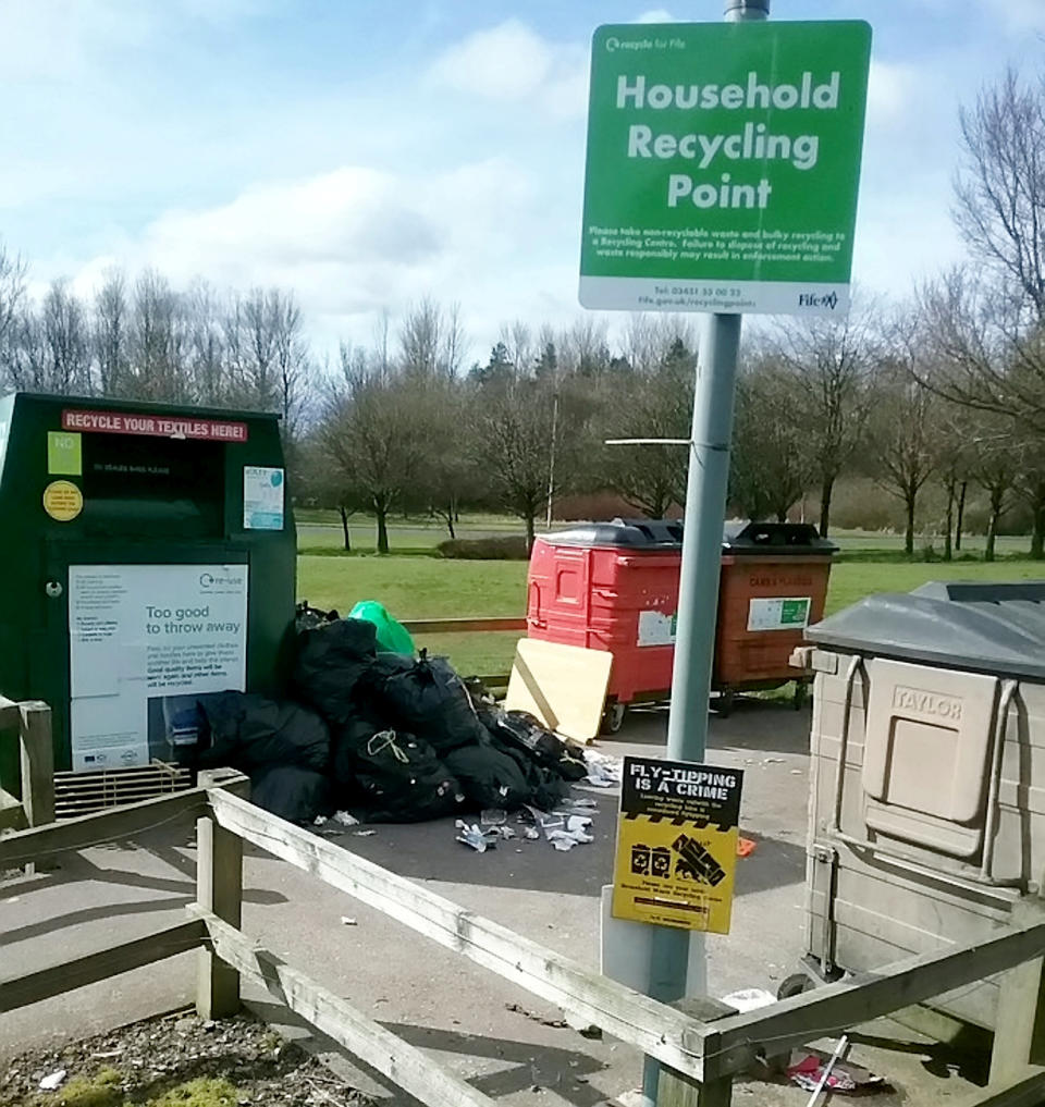 Glenrothes. Rubbish dumped across Fife by people after lockdown. April 1 2020.  Fly-tipping has surged by up to 300 per cent as recycling sites have closed due to the coronavirus, officials have revealed.  See SWNS story SWMDflytip.  Pictures show piles of waste dumped following the closure of waste centres.  Officials say many people are taking rubbish to recycling centres and when they find it closed dumping it outside - which is fly-tipping. One council says the amount of waste dumped in that way has gone up ''three fold''.      