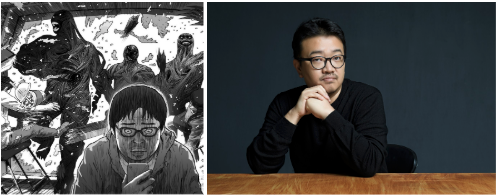 Image from the webtoon Hell (left), Director Yeon Sang-Ho (right)<span class="copyright">Courtesy of Netflix</span>