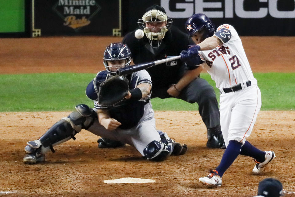 Houston Astros' Jose Altuve hits a two-run walk-off to win Game 6 of baseball's American League Championship Series against the New York Yankees Saturday, Oct. 19, 2019, in Houston. The Astros won 6-4 to win the series 4-2. (AP Photo/Sue Ogrocki)