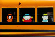 Characters from the television show "South Park" appear on the windows of a school bus outside the convention center hosting Comic-Con International in San Diego, California, United States, July 20, 2016. REUTERS/Mike Blake