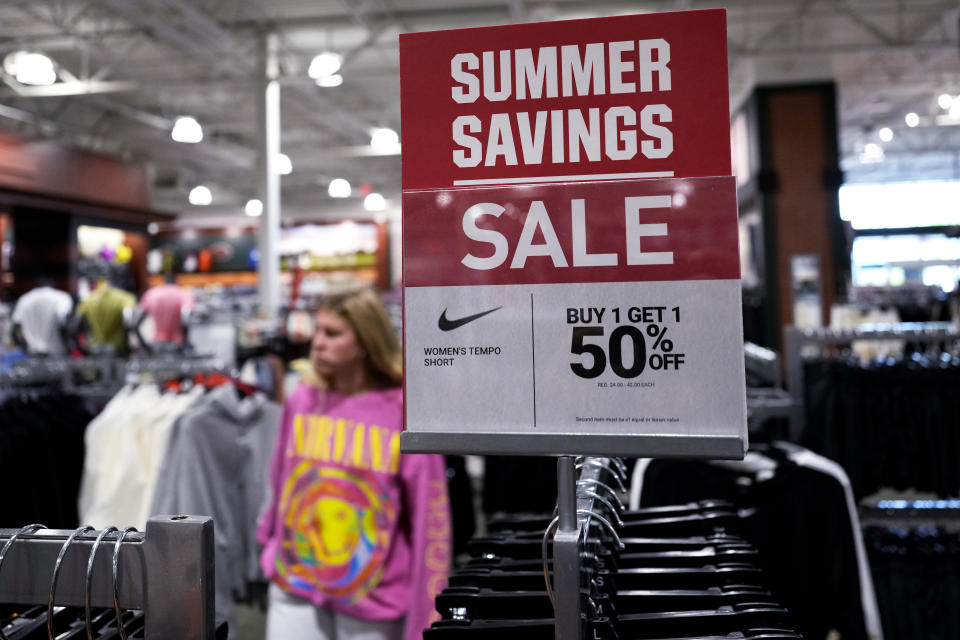 A sale sign is displayed for clothes at a retail store in Vernon Hills, Ill., Monday, June 12, 2023. On Tuesday, the Labor Department reports on U.S. consumer prices for May. (AP Photo/Nam Y. Huh)