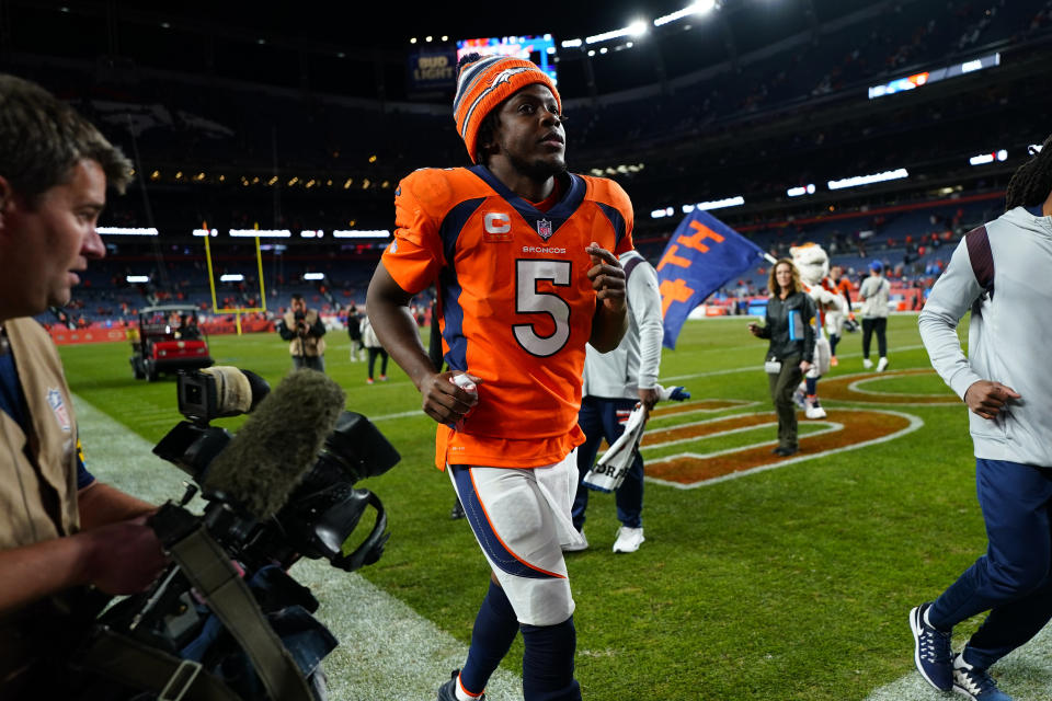 Denver Broncos quarterback Teddy Bridgewater (5) leaves the field after an NFL football game against the Los Angeles Chargers, Sunday, Nov. 28, 2021, in Denver. (AP Photo/Jack Dempsey)