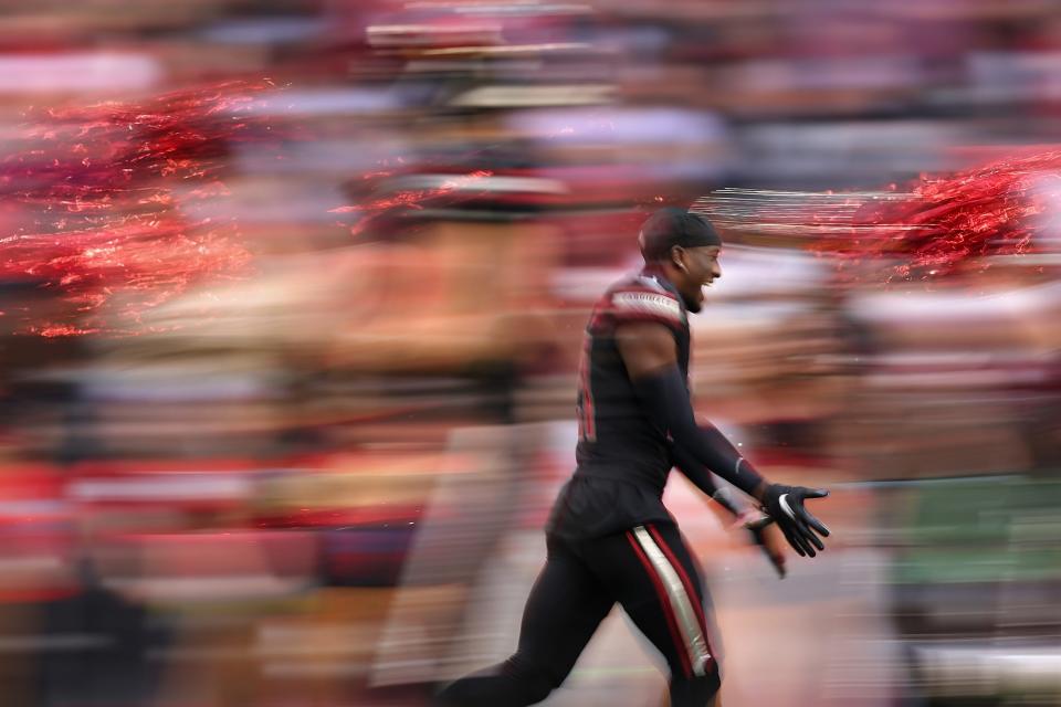 GLENDALE, ARIZONA - NOVEMBER 26: Cornerback Garrett Williams #21 of the Arizona Cardinals is introduced before the NFL game against the Los Angeles Rams at State Farm Stadium on November 26, 2023 in Glendale, Arizona. The Rams defeated the Cardinals 37-14. (Photo by Christian Petersen/Getty Images)