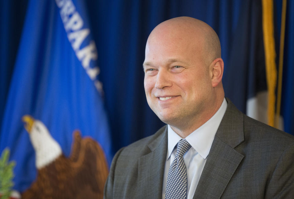 Acting U.S. Attorney General Matthew G. Whitaker smile as he speaks to area law enforcement officials at the U.S. Attorney's Office for the Western District of Texas in Austin, Tuesday, Dec. 11, 2018. (Jay Janner/Austin American-Statesman via AP)