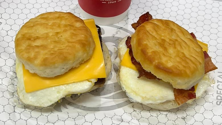 two Wendy's biscuit sandwiches