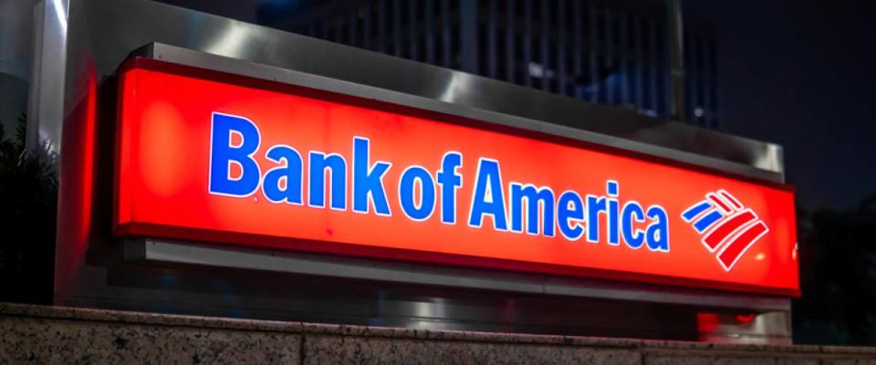 Bank of America sign in downtown during nighttime.