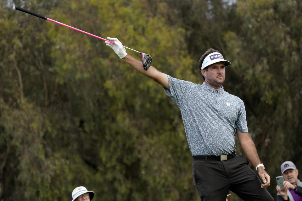 Bubba Watson watches his shot go wide from the 12th tee during the first round of the U.S. Open Golf Championship, Thursday, June 17, 2021, at Torrey Pines Golf Course in San Diego. (AP Photo/Marcio Jose Sanchez)