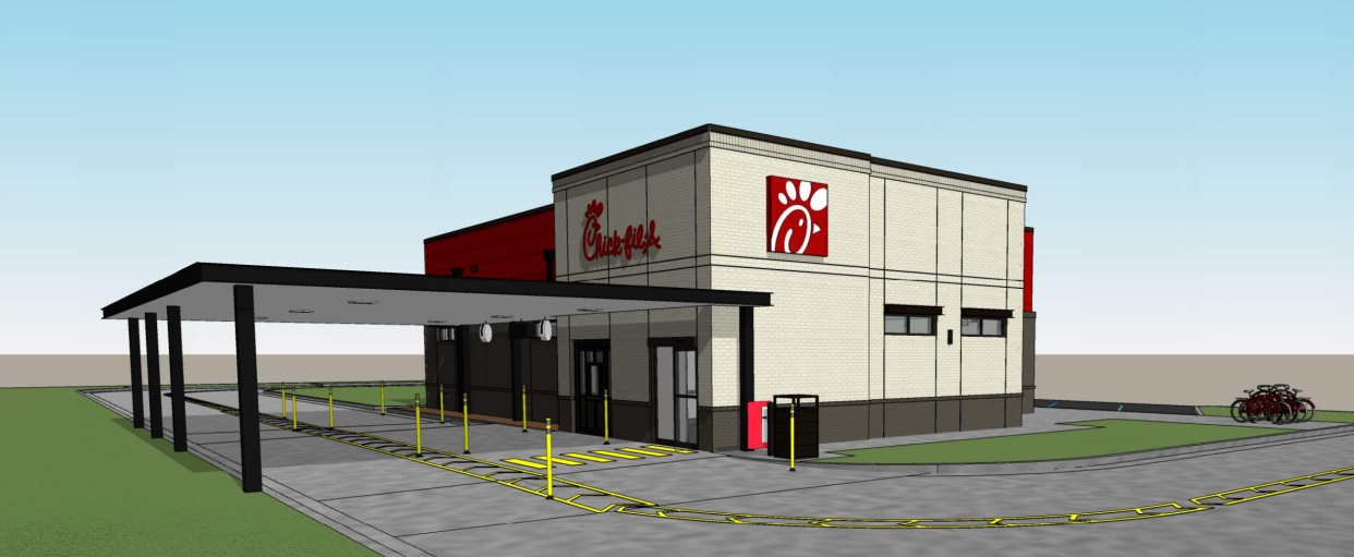 A rendering depicts the drive-thru-only Chick-fil-A coming to Glendale, Wisconsin, this fall. The fast-food giant is proposing a similar restaurant in Jacksonville.