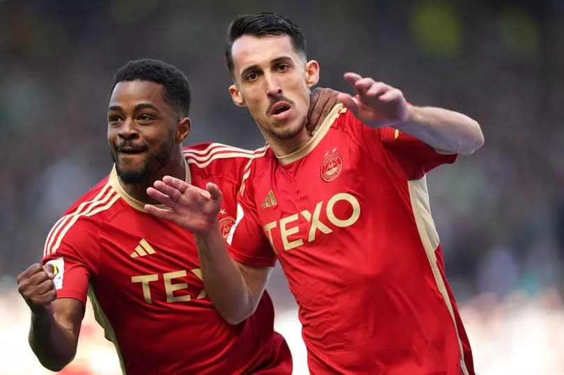 Aberdeen's Bojan Miovski (right) celebrates with Duk after scoring in the Scottish Cup semi-final