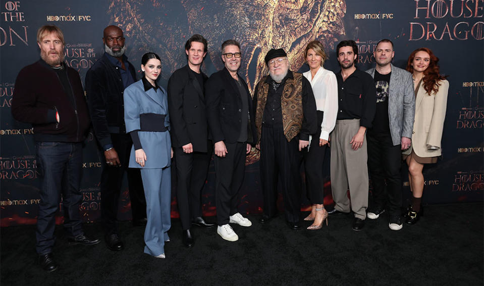 Rhys Ifans, Steve Toussaint, Emily Carey, Matt Smith, Paddy Considine, Josh Gad, George R. R. Martin, Eve Best, Fabien Frankel, Ryan Condal and Olivia Cooke attend the FYC special screening for HBO Max's House Of The Dragon at DGA Theater Complex on March 07, 2023 in Los Angeles, California.