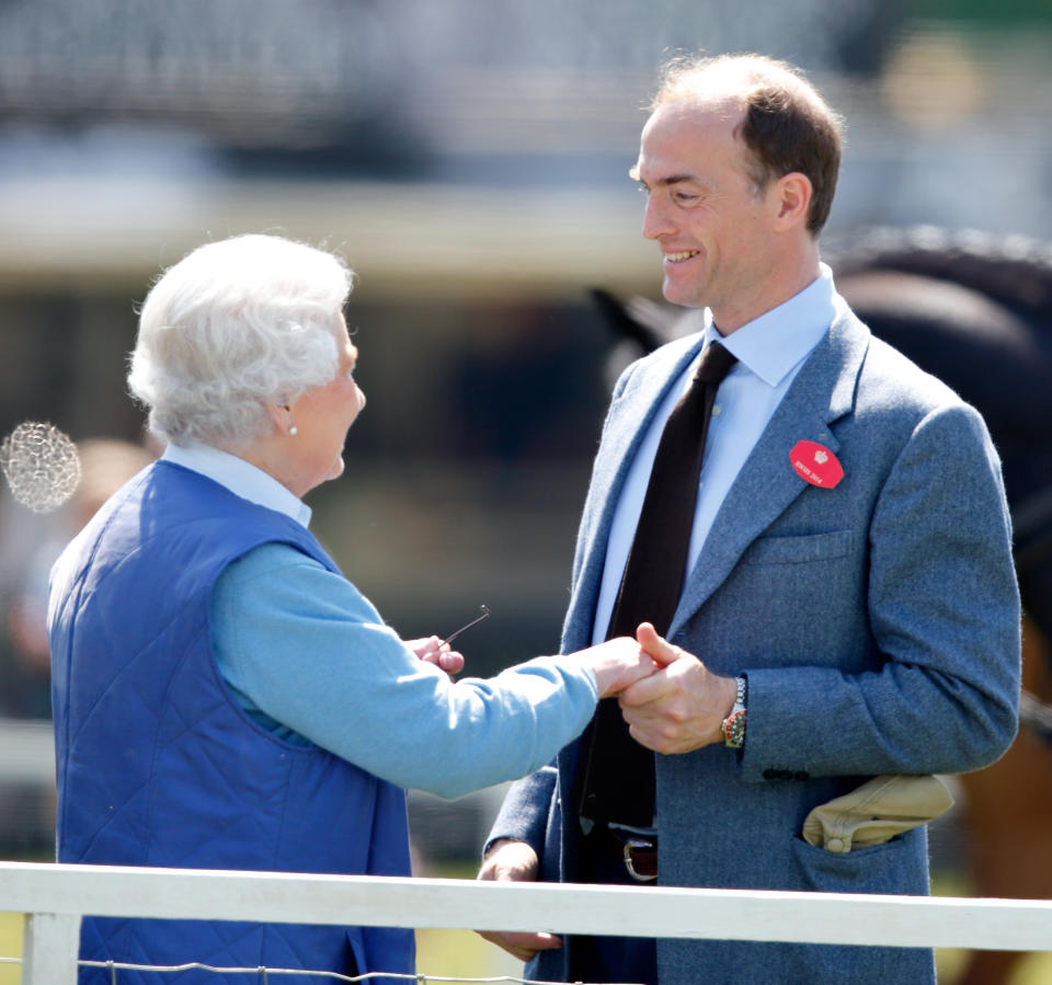 WINDSOR, UNITED KINGDOM - MAY 16: (EMBARGOED FOR PUBLICATION IN UK NEWSPAPERS UNTIL 48 HOURS AFTER CREATE DATE AND TIME) Queen Elizabeth II (accompanied by Donatus, Prince and Landgrave of Hesse) watches her horse 'Barber's Shop' compete in the Tattersalls and Ror Thoroughbred Ridden Show Class on day 3 of the Royal Windsor Horse Show at Home Park on May 16, 2014 in Windsor, England. (Photo by Max Mumby/Indigo/Getty Images)