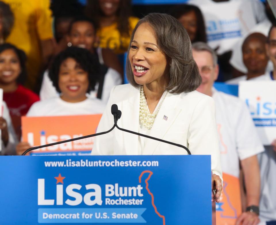 Lisa Blunt Rochester speaks during her US Senate campaign kickoff event at the Old Town Hall in Wilmington, Saturday, August 19, 2023. The Democratic Congresswoman has no primary opponent in the 2024 race.