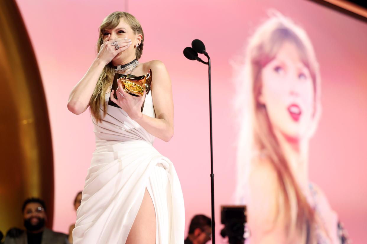 Taylor Swift accepts the Album Of The Year award for "Midnights" onstage during the 66th GRAMMY Awards at Crypto.com Arena on February 04, 2024 in Los Angeles, California.