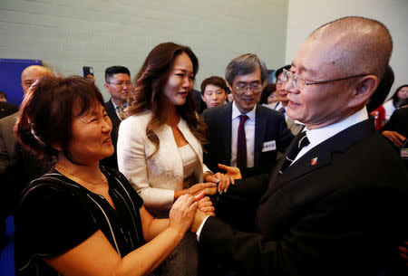 Pastor Hyeon Soo Lim, who returned to Canada from North Korea after the DPRK released Lim on August 9, after being held for 31 months, greets people at the Light Presbyterian Church in Mississauga, Ontario, Canada, August 13, 2017. REUTERS/Mark Blinch