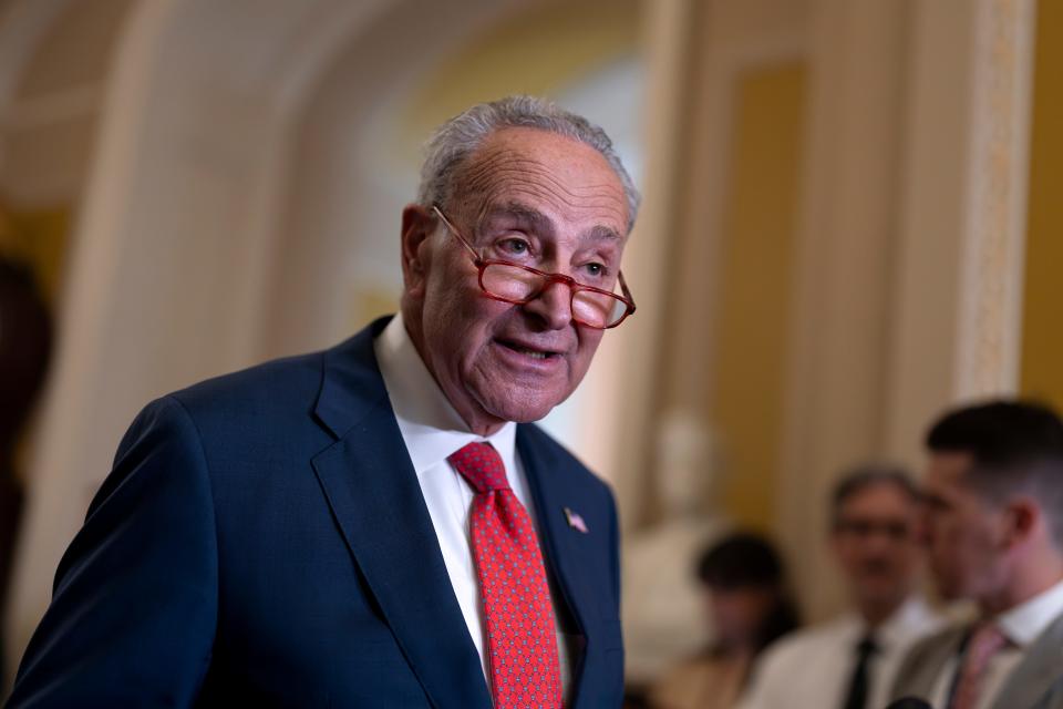 Senate Majority Leader Chuck Schumer, D-N.Y., speaks to reporters at the Capitol in Washington, Wednesday, July 26, 2023.