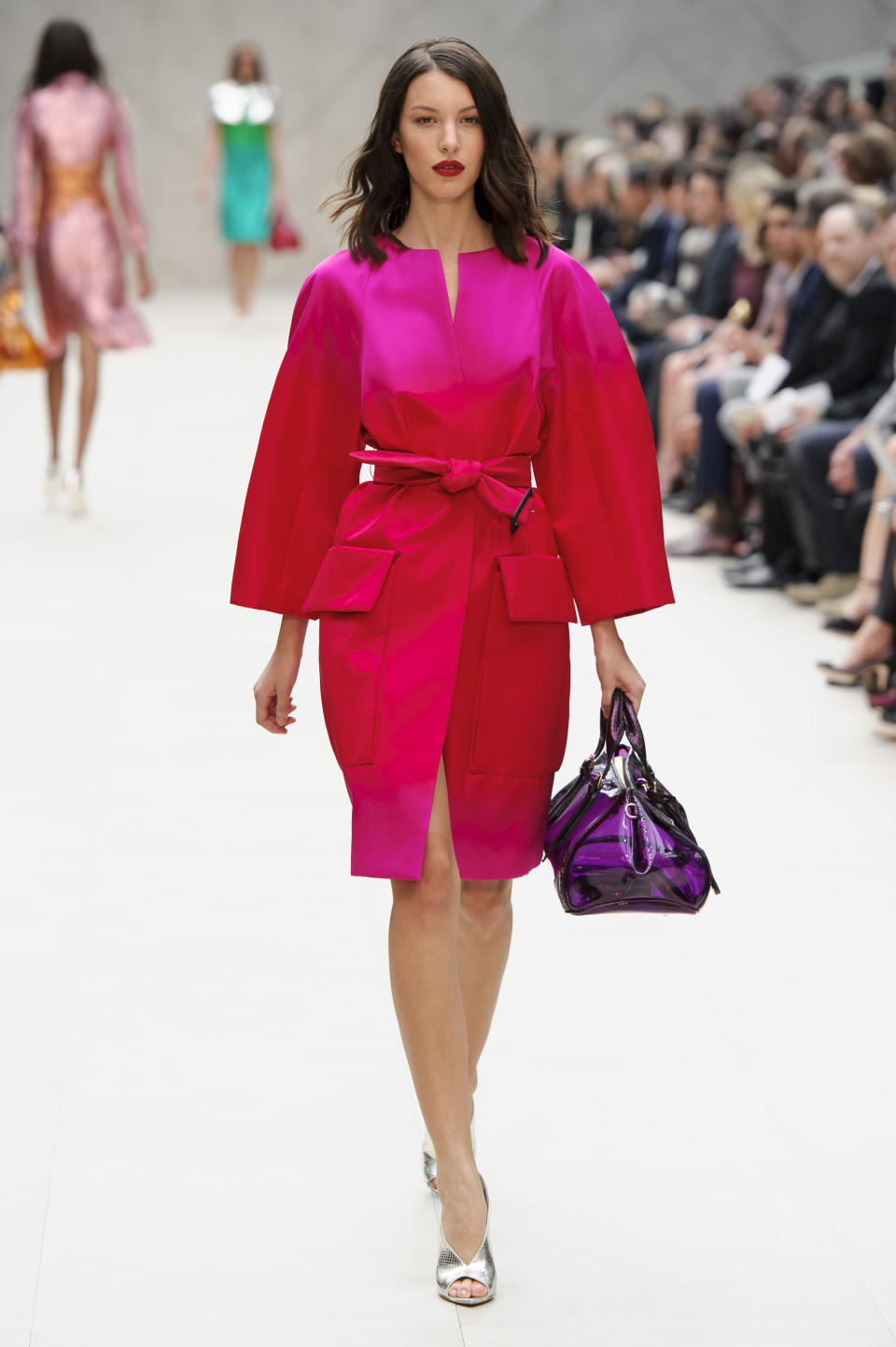 A model displays a design from Burberry Prorsum's Spring/Summer 2013 collection, in Kensington, west London, during London Fashion Week, Monday Sept. 17, 2012. (AP Photo/Jonathan Short)