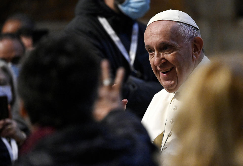 Pope Francis arrives for a prayer in the Gregorian Chapel in St. Peter's Basilica at the Vatican, Saturday, May 1, 2021. Pope Francis led a special prayer service Saturday evening to invoke the end of the pandemic. (Riccardo Antimiani/Pool photo via AP)