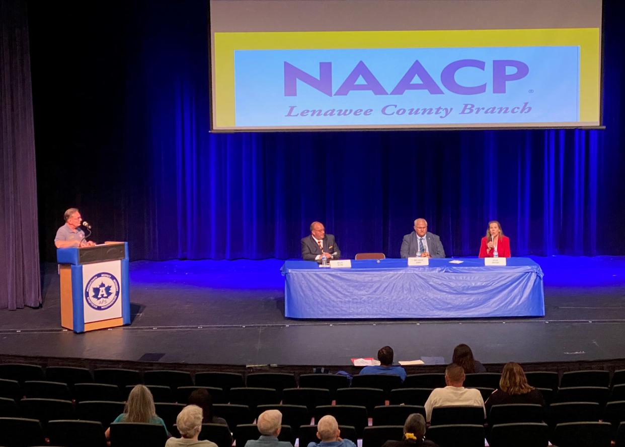 The Republican candidates for the new 34th District in the Michigan House of Representatives take part in a forum Thursday at Adrian High School. Dale Gaerner of WLEN radio, left, was the moderator. The candidates at the table are, from left, Ryan Rank, state Sen. Dale Zorn, and Julie Moore.