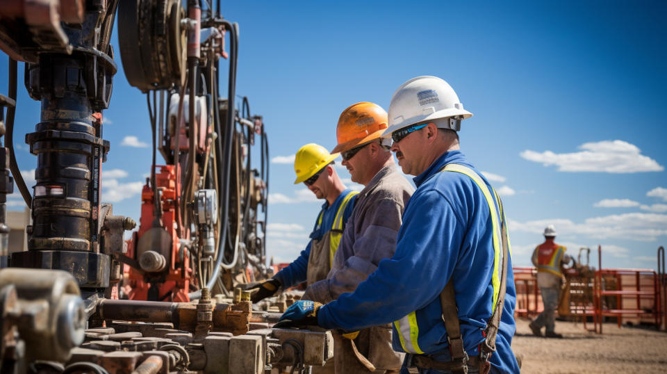 Oil and gas workers operating high horsepower pumps on a hydraulic fracturing site.