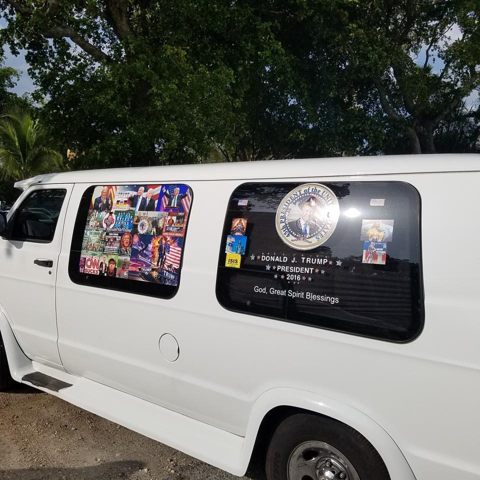 The van used by mail-bomb suspect&nbsp;Cesar Sayoc features photos of President Donald Trump and Vice President Mike Pence, as well as messages like "CNN Sucks" and images of crosshairs over the faces of Hillary Clinton, Van Jones and others. (Photo: HuffPost)