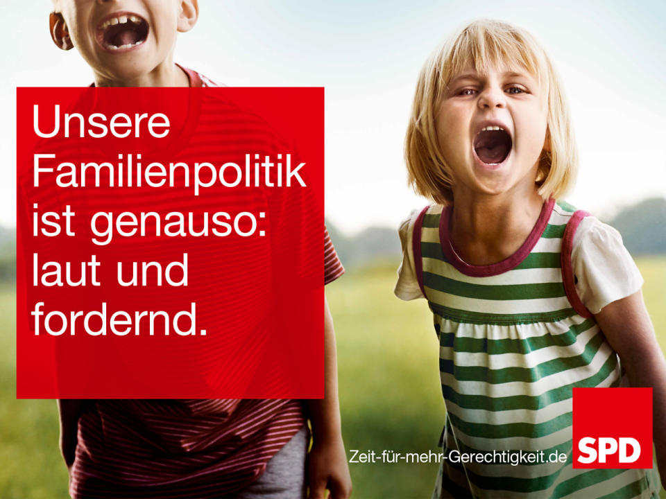 “Unsere Familienpolitik ist genauso: laut und fordernd”, verspricht die SPD zu einem Bild von zwei schreienden Kindern. (Bild-Copyright: SPD)