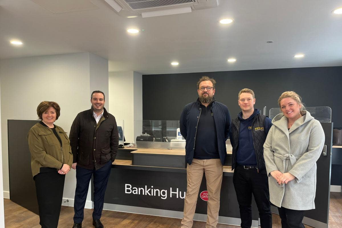 Simon Jupp MP in Sidmouth’s Banking Hub with (L to R) new manager Janet, Dave and Jon from Priory Concept Group, and Sonja Critchley from Cash Access UK <i>(Image: Simon Jupp)</i>