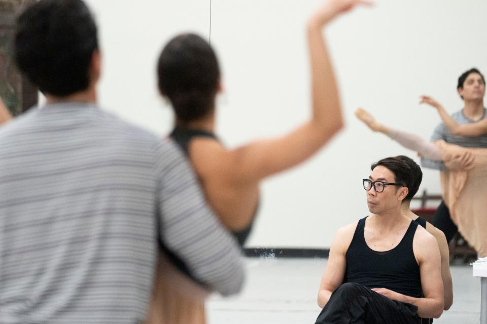 Artistic Director Edwaard Liang rehearses with dancers Miguel Anaya and Caitlin Valentine for "Romeo and Juliet," Liang's last production with BalletMet.